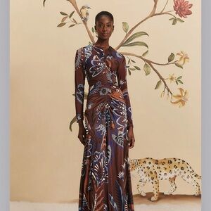 FARM Rio Brown Maxi Dress with Blue Floral Design